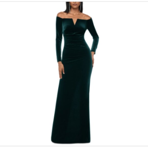 Xscape Velvet Off-the-Shoulder Gown - Hunter - Picture 1 of 1